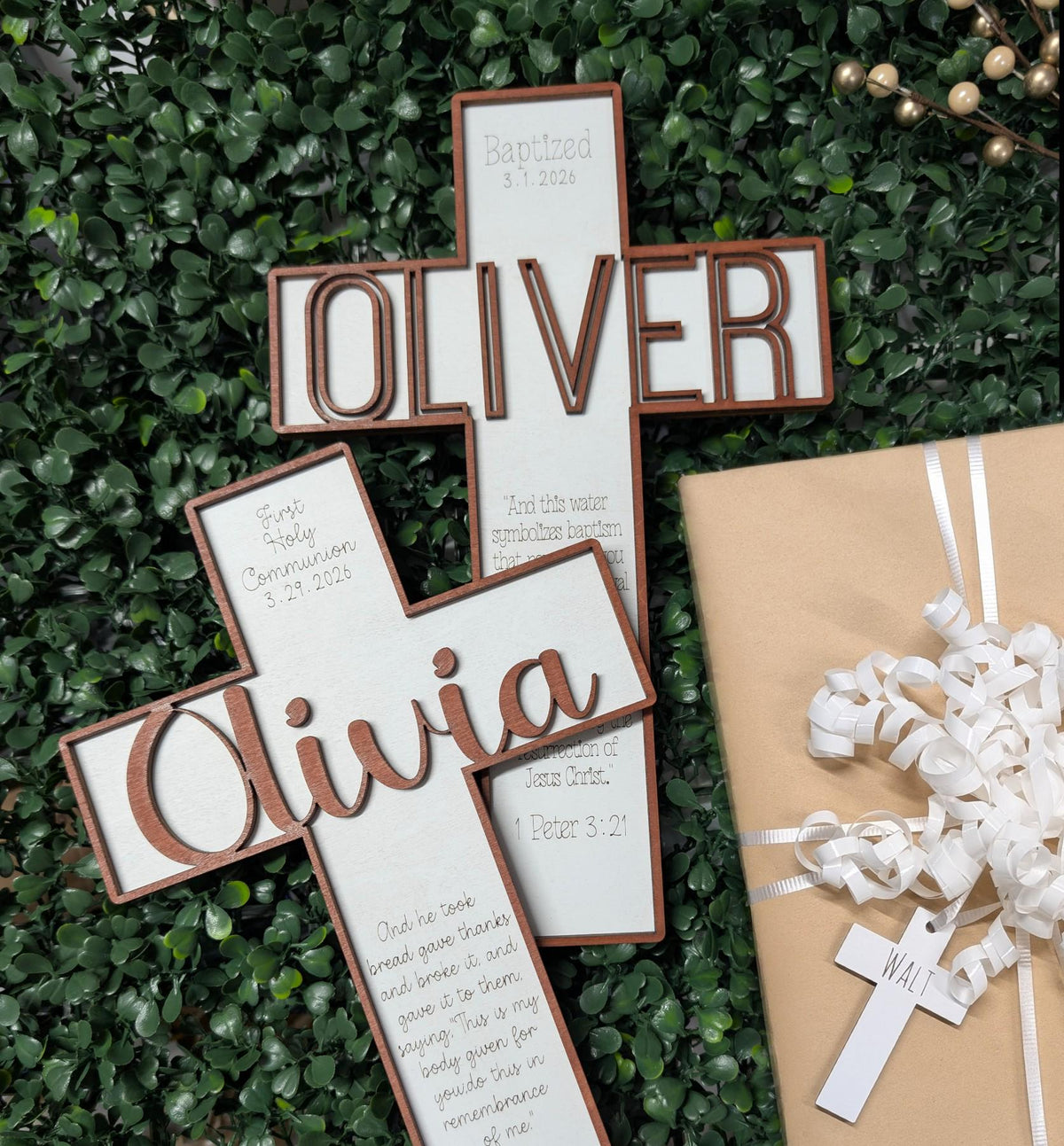 Personalized baptism and first communion cross keepsake