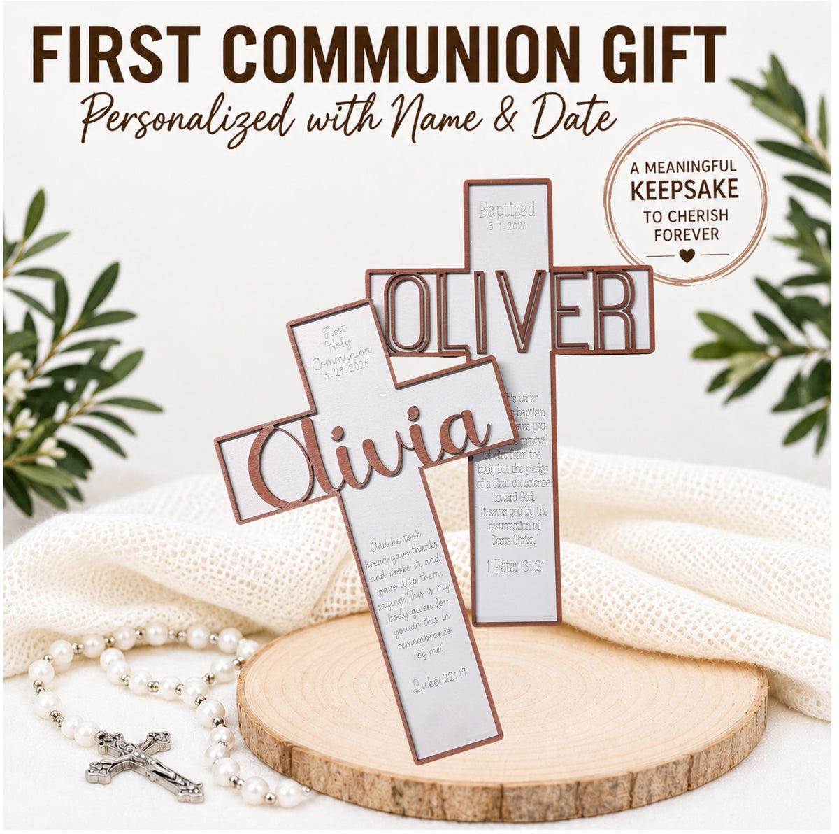 Personalized baptism and first communion cross keepsake