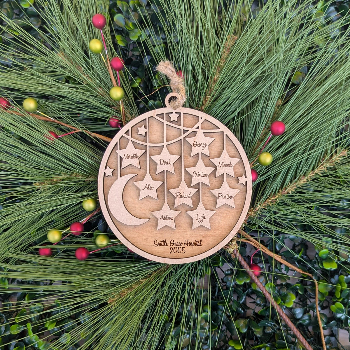 Personalized family Christmas ornament laser cut maple wood keepsake