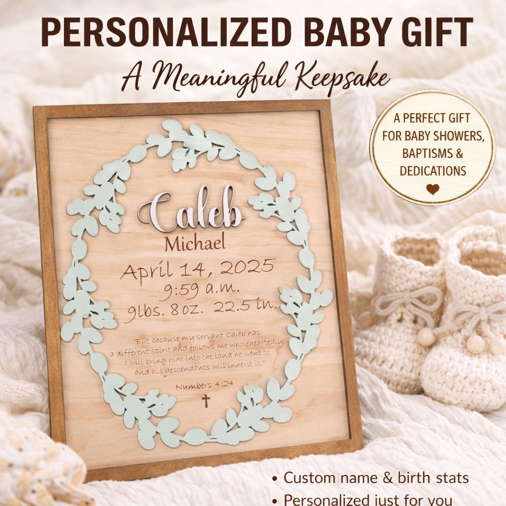 Personalized Christian baby birth stats sign nursery keepsake