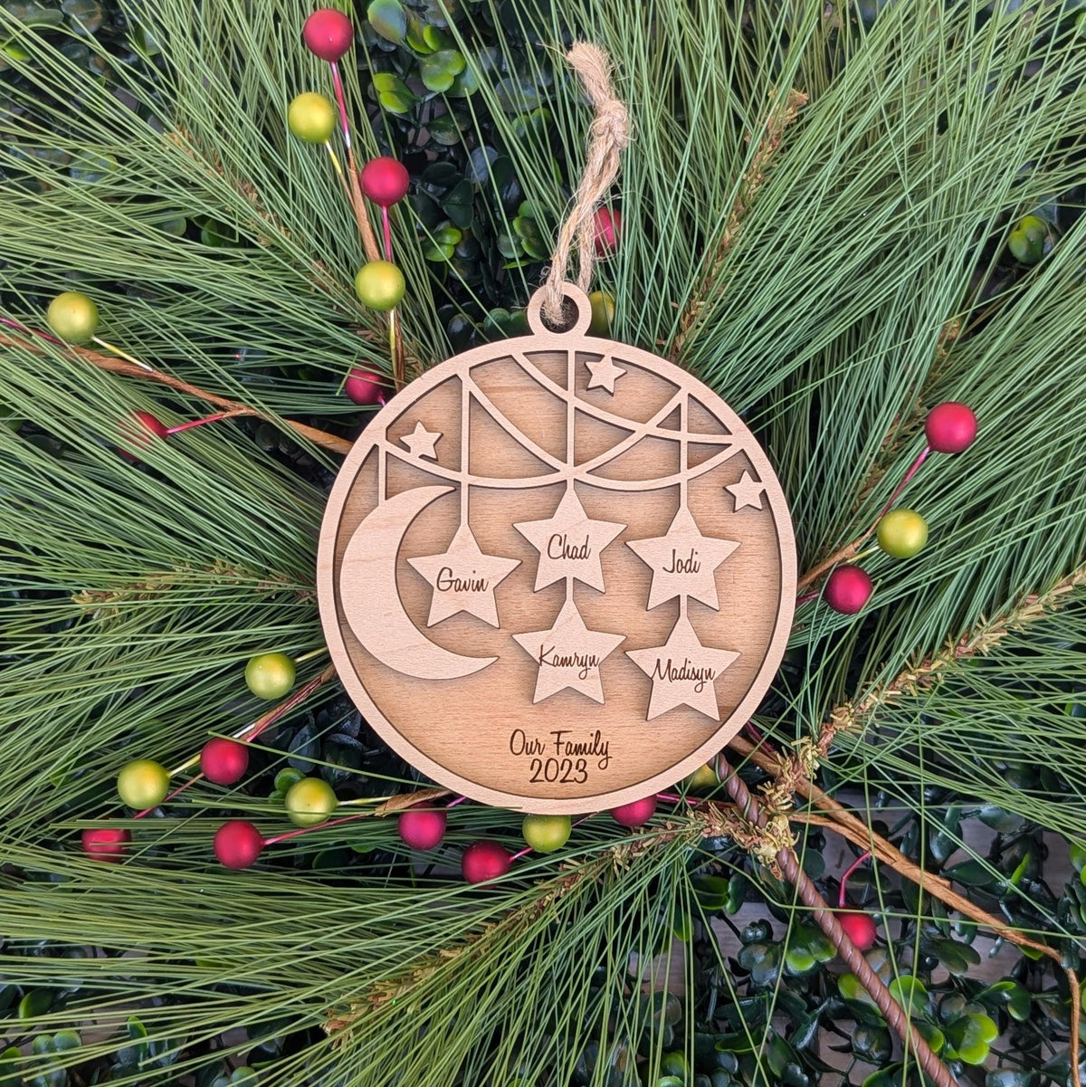 Personalized family Christmas ornament laser cut maple wood keepsake