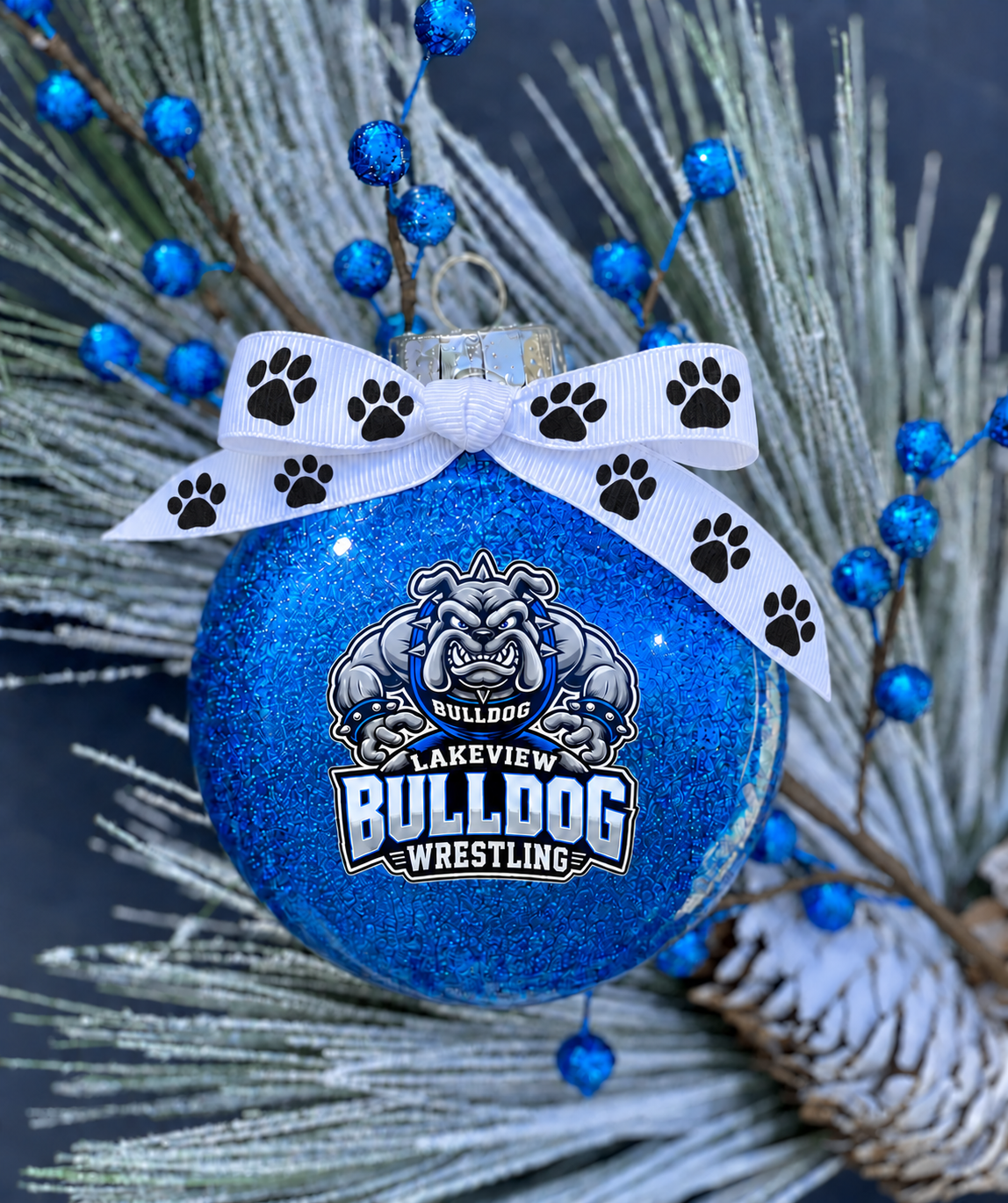 Lakeview Bulldogs Wrestling blue glitter ornament with black paw print bow
