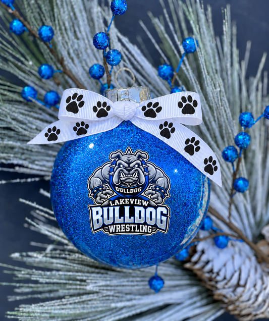Lakeview Bulldogs Wrestling blue glitter ornament with black paw print bow